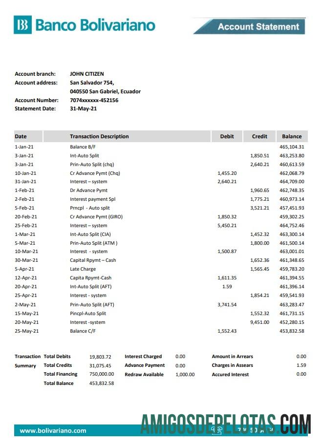 Extrato bancário realista do Equador Banco Bolivariano Modelo fácil de preencher em formato de arquivo .xls e .pdf